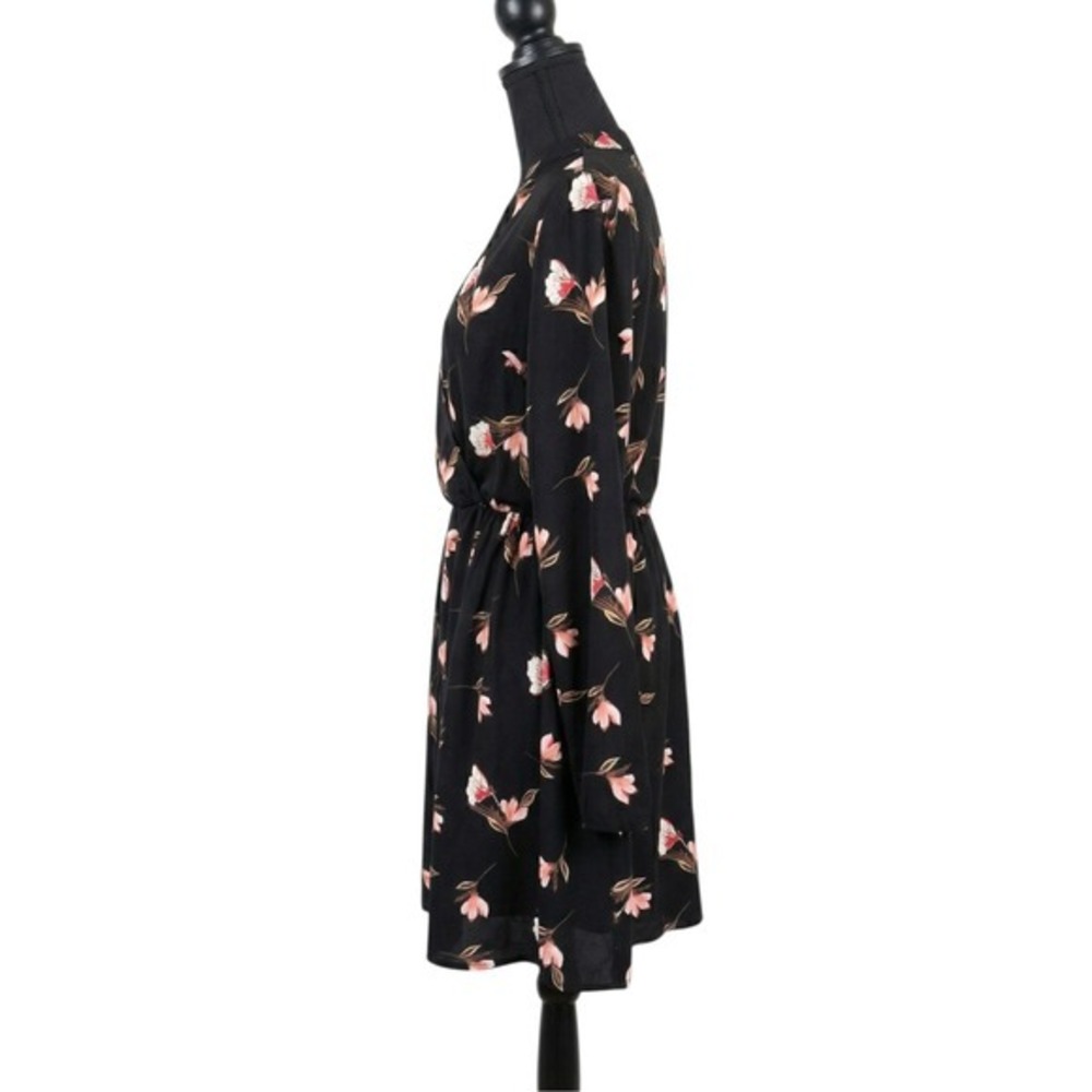 ALL IN FAVOR Surplice Mini Dress Large Long Sleeve Dark Floral Romantic - Picture 3 of 7